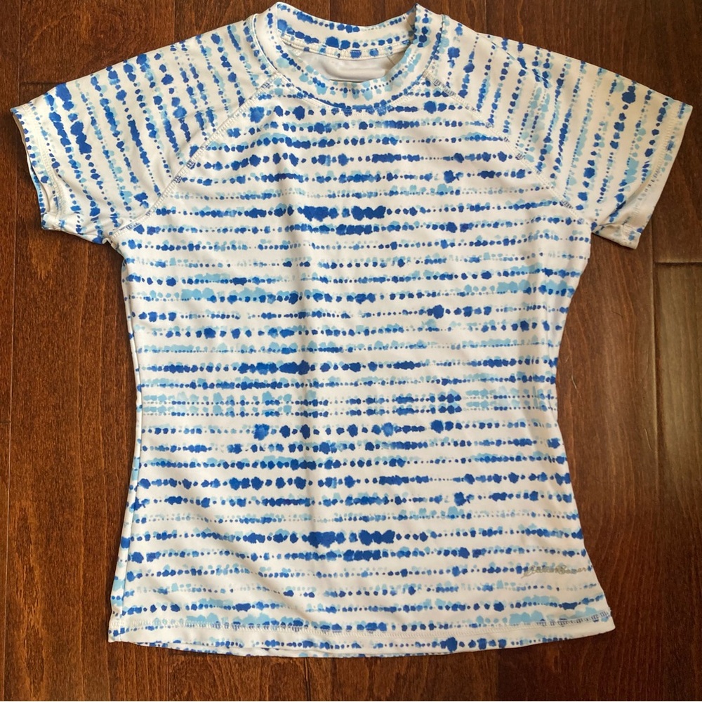 Eddie Bauer Kids Swimsuit Swim Rash Guard Top White Blue Size Medium 10/12 Beach